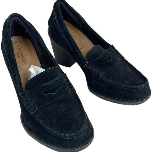 Clarks Unstructured Carleta Belle Black Suede Heeled Penny Loafers Size - Picture 1 of 4